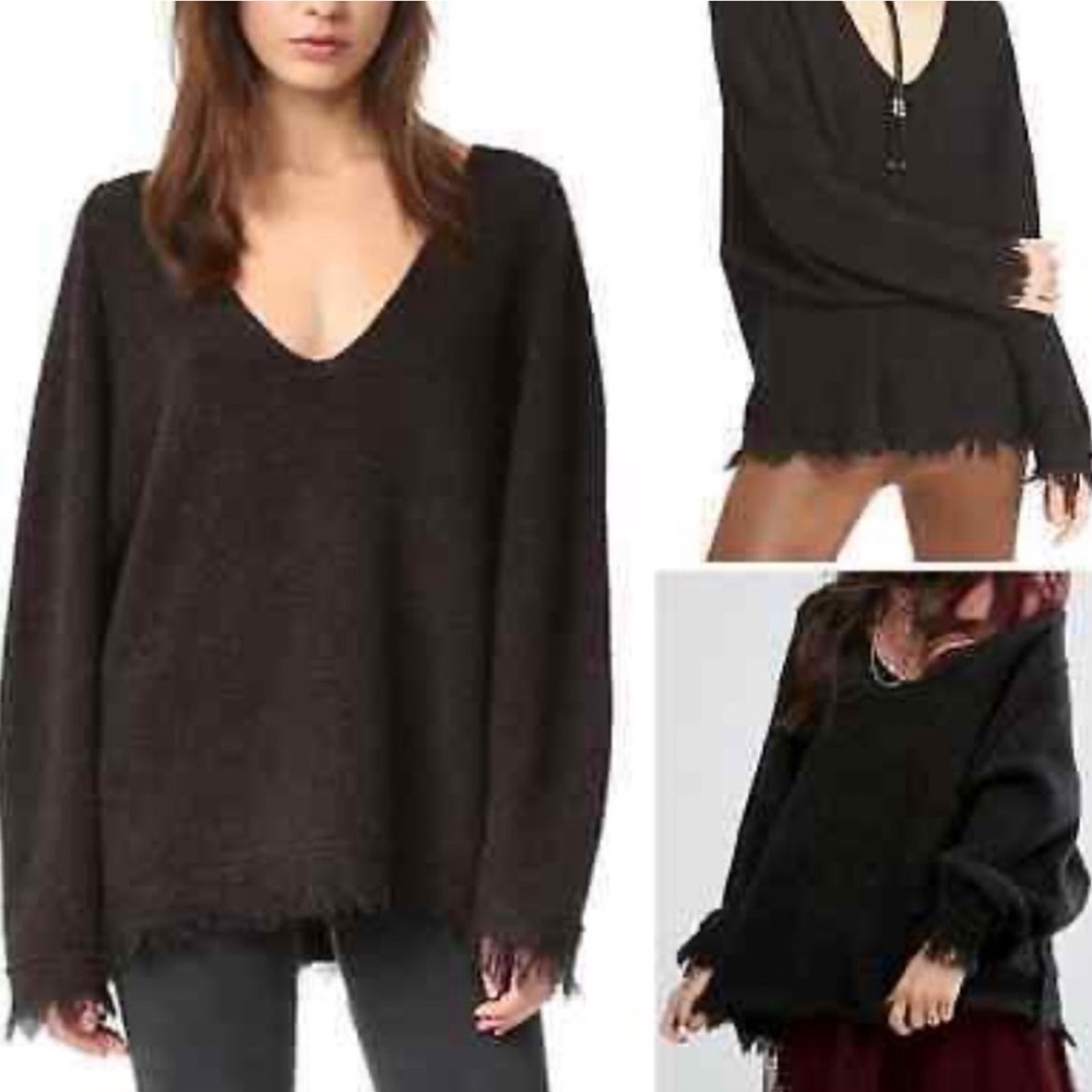 Free People Irresistible Fringe Dark Brown Wool Linen Blend VNeck Sweater Size S